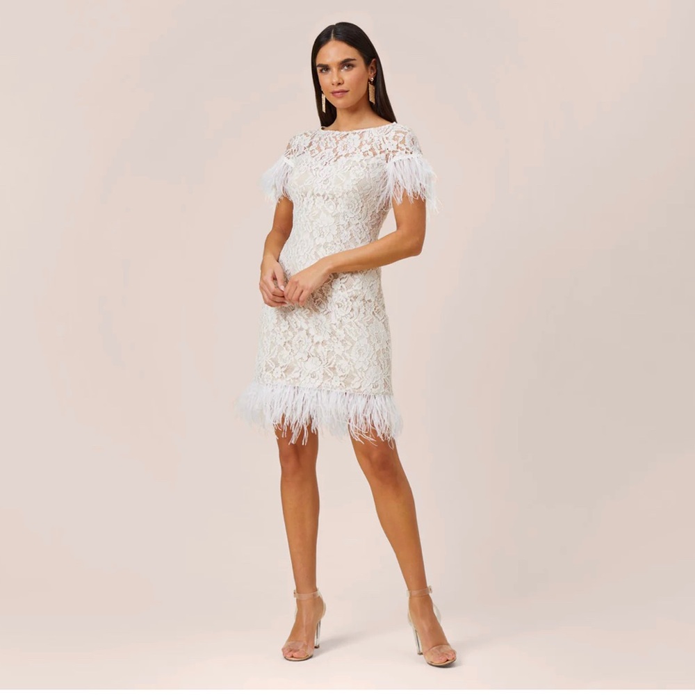 Aidan by Aidan Mattox Ivory Lace Feather-Trim Mini Dress